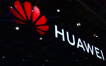 The Huawei logo displayed at the 2018 CeBIT technology trade fair